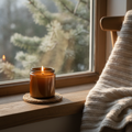 Amber glass soy candle with lit flame on wooden windowsill, pine branches and knit blanket in background