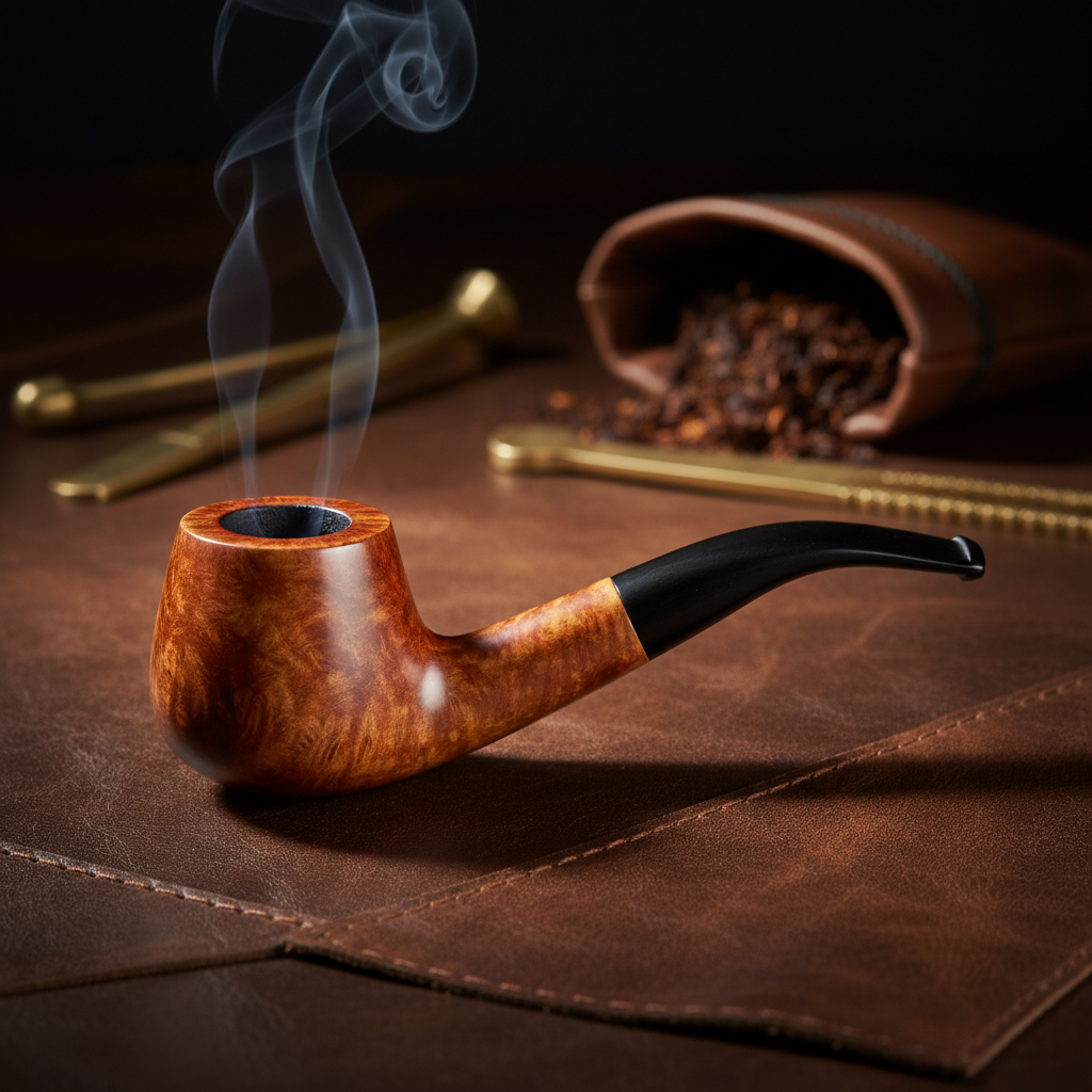 Polished wooden tobacco pipe on dark leather surface with dramatic side lighting highlighting wood grain