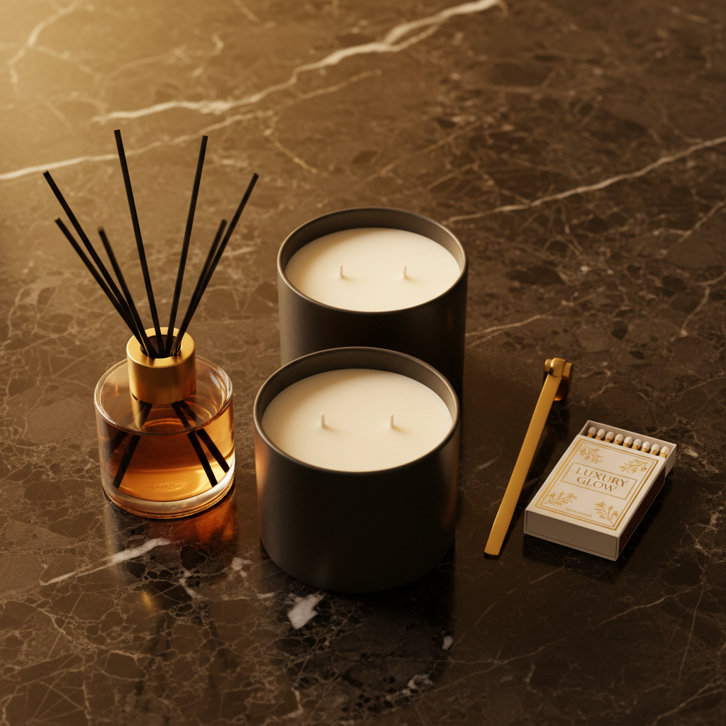 Luxury candle set flat-lay with two large candles, glass reed diffuser, brass wick trimmer and matches on dark marble with gold lighting