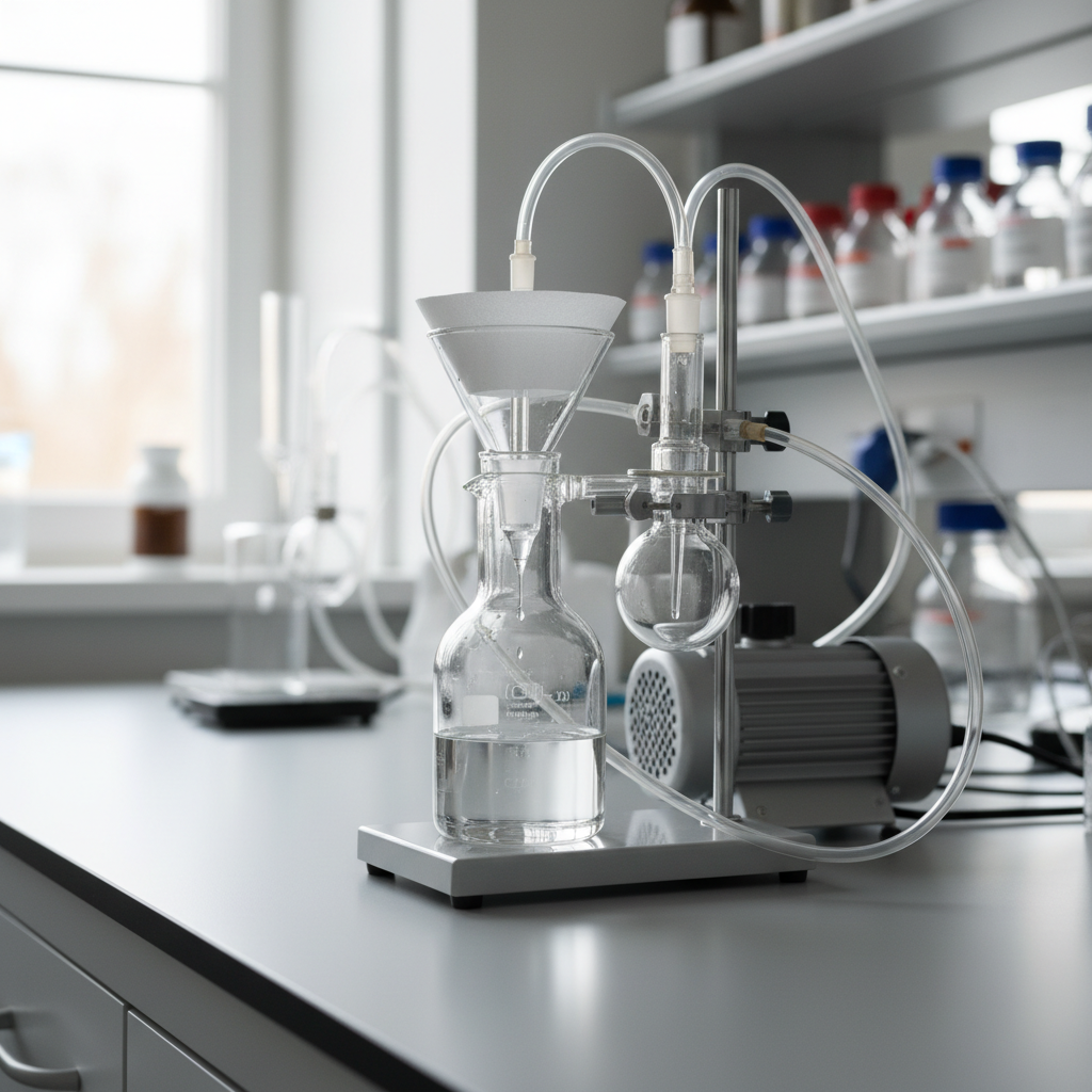 Vacuum filtration station in use on lab bench with clear glassware and tubing