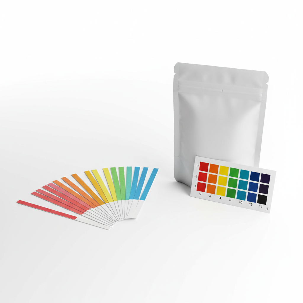pH test strips fanned out beside resealable pouch with color-reference chart
