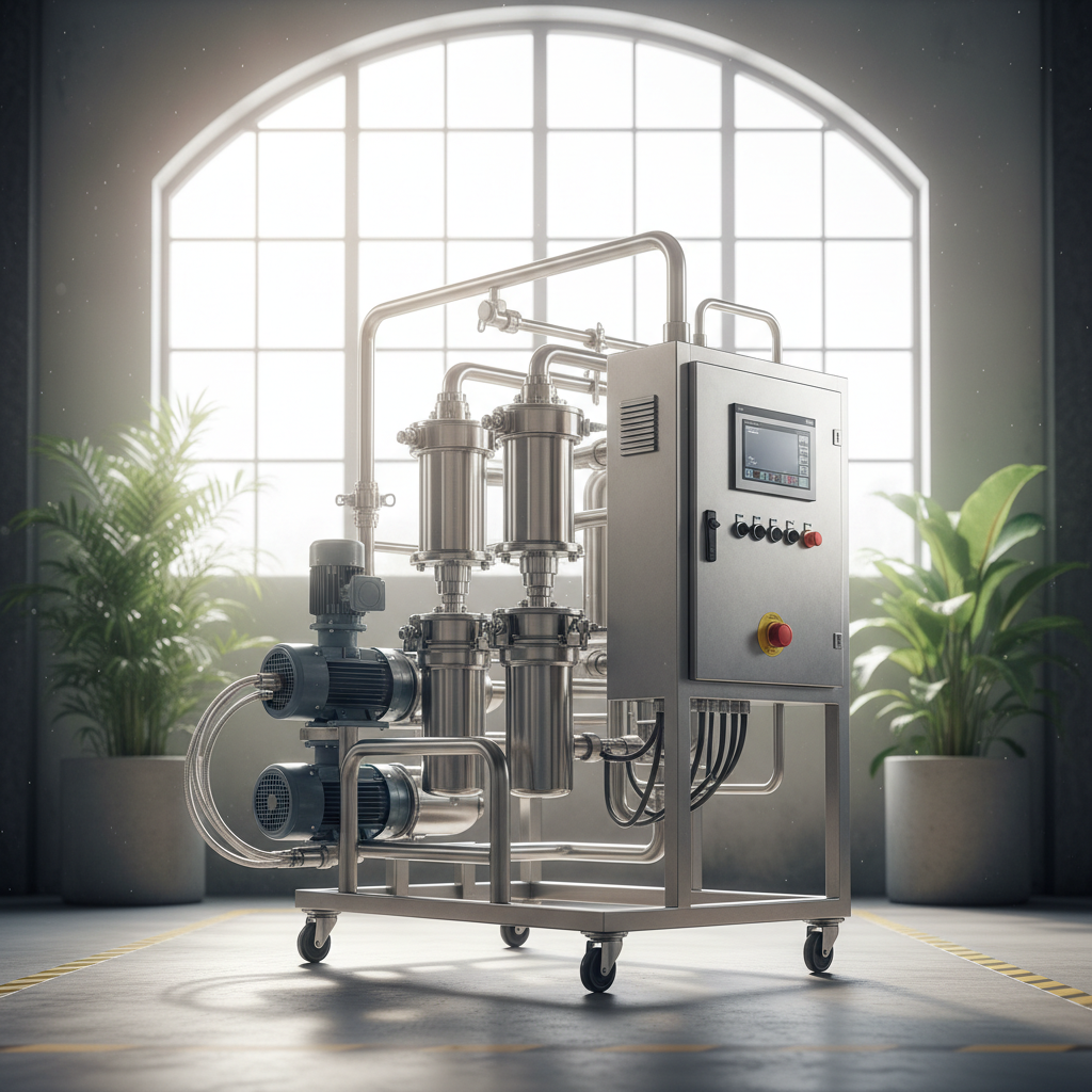 Stainless-steel pilot-scale liquid purification skid with pumps, filter housings, and control panel on a workshop floor