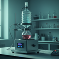 Compact rotary evaporator with coiled glass condenser and digital heating bath on a laboratory bench