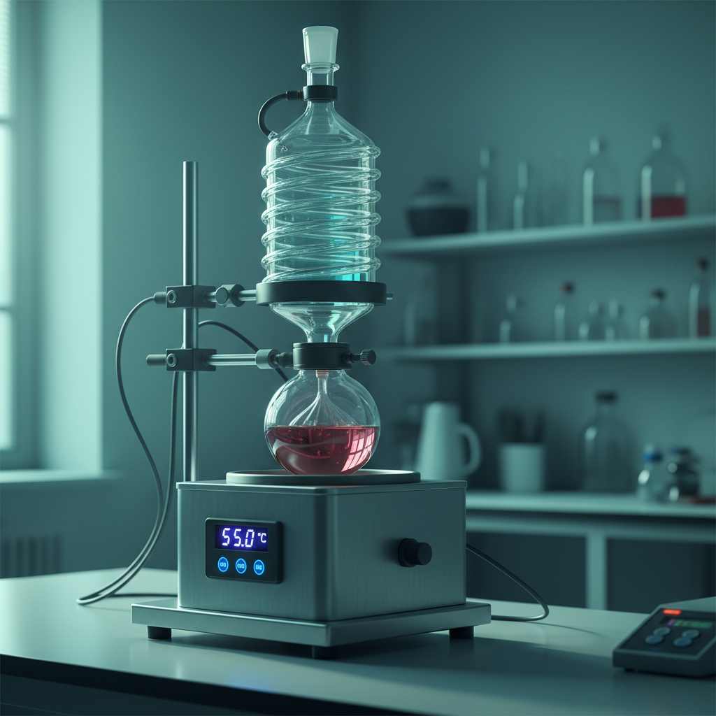 Compact rotary evaporator with coiled glass condenser and digital heating bath on a laboratory bench