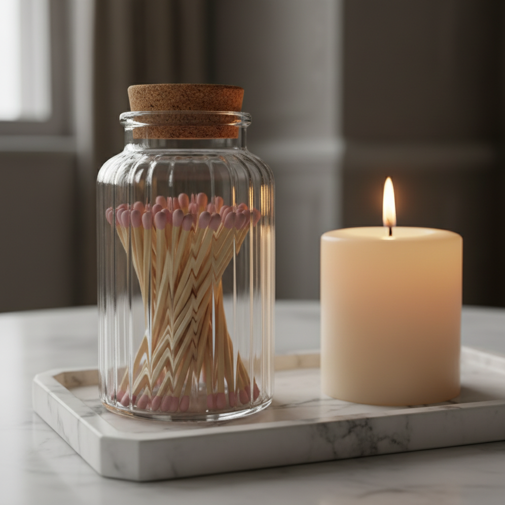Clear glass jar filled with long pastel-pink tip matches beside a lit candle on marble tray