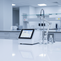 Benchtop pH and conductivity meter station with probe arm and calibration bottles on a white lab bench