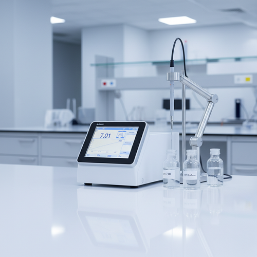 Benchtop pH and conductivity meter station with probe arm and calibration bottles on a white lab bench