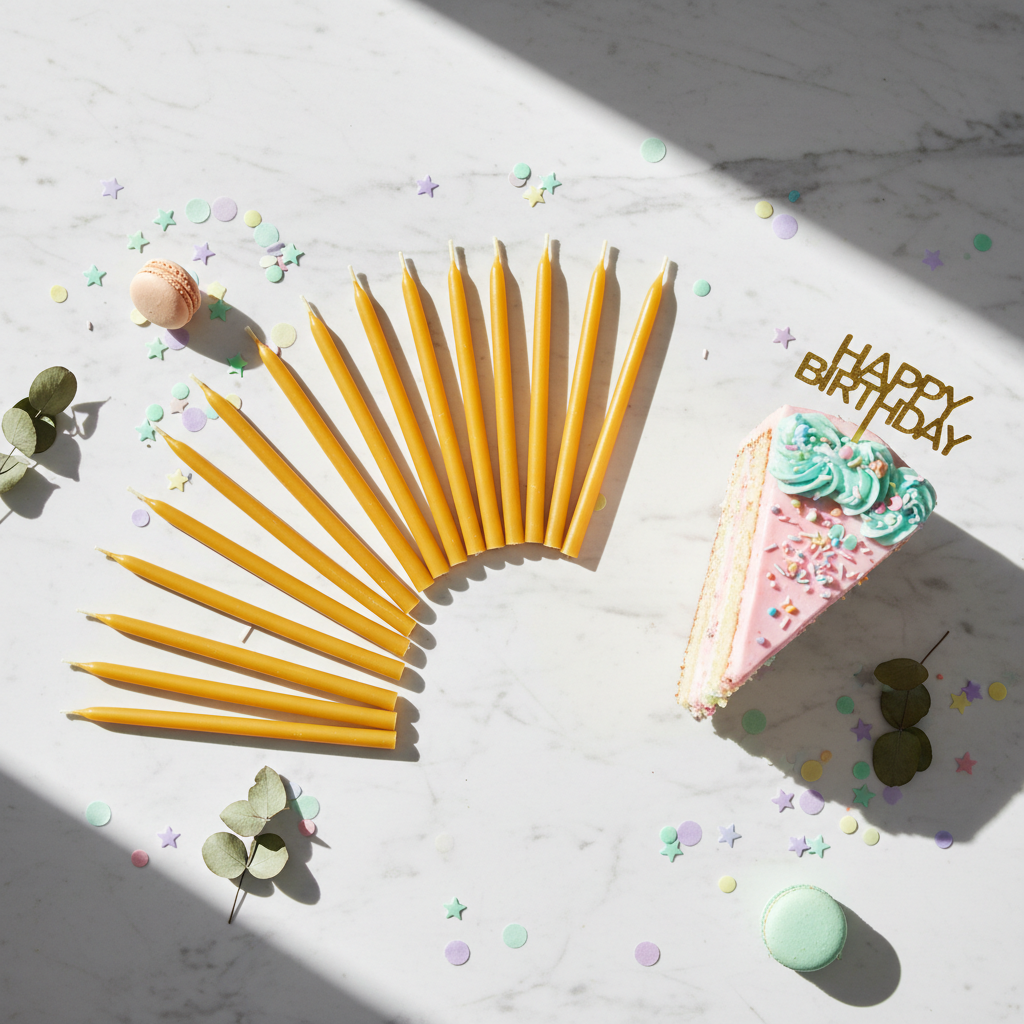24 slim golden beeswax candles fanned out on marble surface next to cake slice and confetti