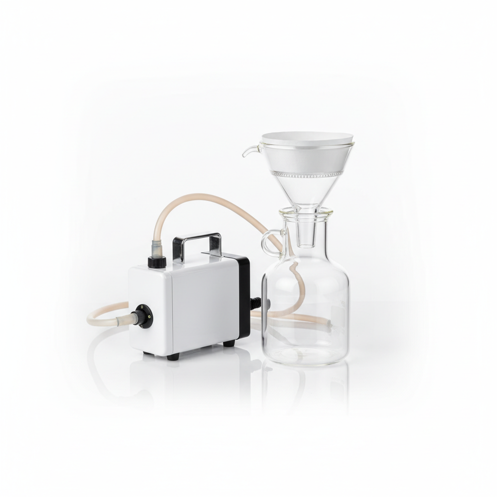 Complete vacuum filtration setup with diaphragm pump, Büchner funnel and filtering flask on white background