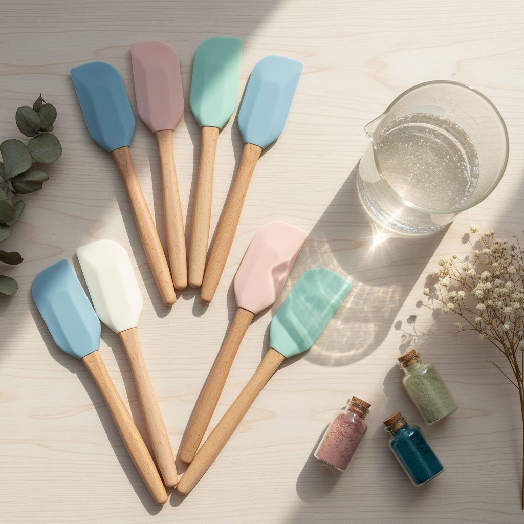 Flat lay of silicone mixing spatulas beside a glass beaker on wooden surface