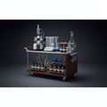 Fully equipped small formulation laboratory cart with glassware, rotary evaporator, balance, and reagent bottles on a dark background
