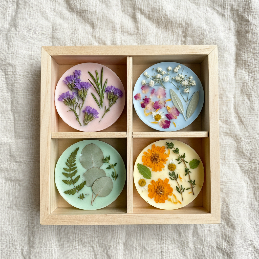 Six pastel-colored wax melts with dried flowers and herbs in a compartment box on linen cloth