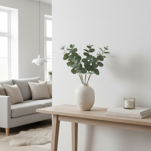 Six realistic faux eucalyptus stems in ceramic vase on console table in bright Scandinavian living room