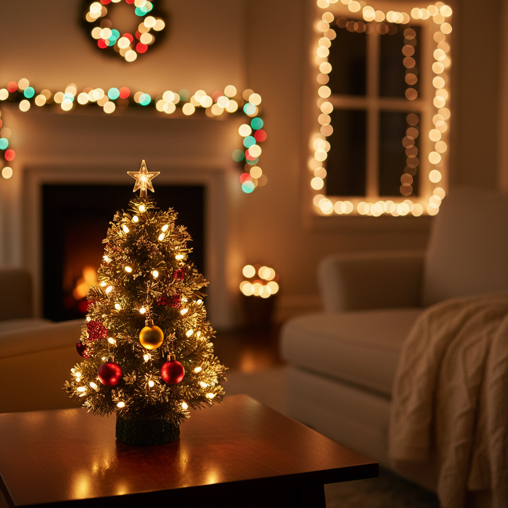 Small pre-lit tabletop Christmas tree glowing on wooden side table in cozy living room with bokeh lights
